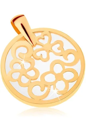 Šperky Eshop Přívěsek ze žlutého 9K zlata - kontura kruhu s ornamenty, perleťový podklad