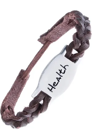 Šperky Eshop Kožený pletený náramek - hnědý, lesklá známka HEALTH