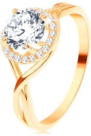 Šperky Eshop Prsten ve žlutém 14K zlatě - zvlněné propletené linie, kulatý zirkon s čirým lemem - Velikost: 49
