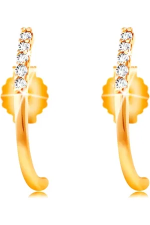 Šperky Eshop Náušnice ve žlutém 14K zlatě - lesklá zahnutá linie zdobená čirými zirkony