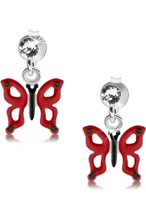 Šperky Eshop Puzetové náušnice, stříbro 925, čirý krystal Swarovski, červenočerný motýl