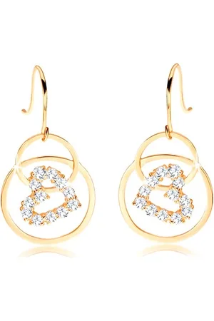 Šperky Eshop Náušnice ze žlutého 14K zlata - propojené kroužky, zirkonová kontura srdce