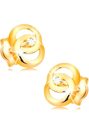 Šperky Eshop Náušnice ve žlutém 14K zlatě - dva propojené prstence, briliant uprostřed