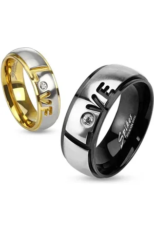 Šperky Eshop Prsten z oceli 316L, černá a stříbrná barva, nápis Love, čirý zirkon, 8 mm - Velikost: 65