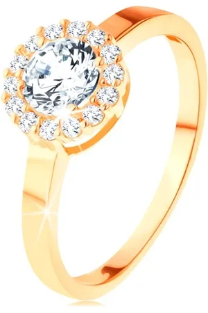 Šperky Eshop Blýskavý prsten ve žlutém 14K zlatě - kulatý zirkon s obrubou z čirých zirkonků - Velikost: 54