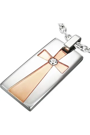 Šperky Eshop Přívěsek z chirurgické oceli - obdélník, kříž zlaté barvy s čirým zirkonem