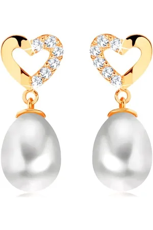 Šperky Eshop Diamantové náušnice ze žlutého 14K zlata - kontura srdce s brilianty, oválná perla