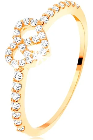 Šperky Eshop Prsten ze žlutého 14K zlata - zirkonová ramena, blýskavý čirý obrys srdce - Velikost: 49