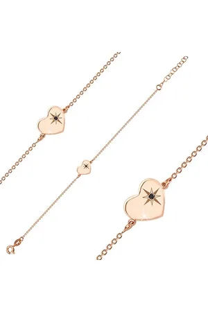 Šperky Eshop Stříbrný 925 náramek růžovozlaté barvy - lesklé srdce, severní hvězda, černý diamant
