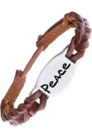 Šperky Eshop Úzký pletený náramek z kůže - karamelový, známka "PEACE"