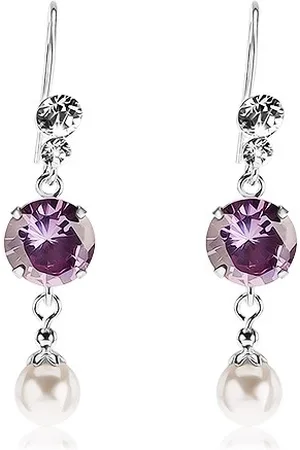 Šperky Eshop Náušnice ze stříbra 925, čiré krystalky Swarovski, fialový zirkon, bílá perla