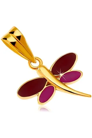 Šperky Eshop Přívěsek ve žlutém 14K zlatě - vážka s bordó a fialovou glazurou na křídlech