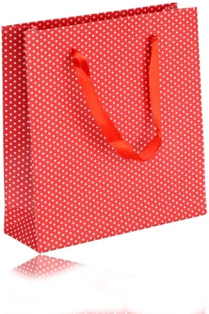 Šperky Eshop Papírová dárková taštička - červená barva, bílé tečky, hladký povrch