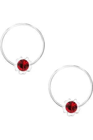 Šperky Eshop Kruhové náušnice, stříbro 925, červený kvítek, krystalek Swarovski