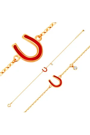 Šperky Eshop Zlatý 14K náramek - podkůvka pro štěstí, červená glazura, čirý zirkon