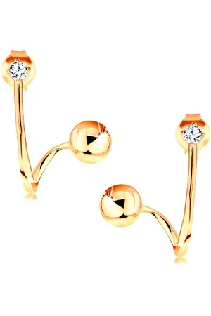 Šperky Eshop Náušnice ze žlutého 14K zlata - lesklá zahnutá linie, čirý zirkon, kulička
