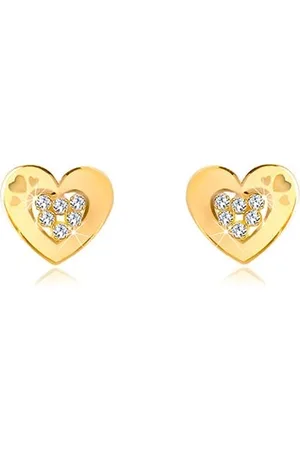 Šperky Eshop Náušnice ve žlutém 14K zlatě - obrys srdíčka se zirkony uprostřed, puzetky