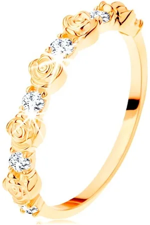 Šperky Eshop Prsten ze žlutého 14K zlata - střídající se růžičky a kulaté čiré zirkony - Velikost: 49