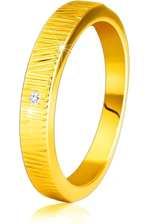Šperky Eshop Diamantový prsten ze žlutého 14K zlata - jemné ozdobné zářezy, čirý briliant, 1,5 mm - Velikost: 49