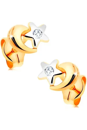 Šperky Eshop Náušnice z kombinovaného 14K zlata - bílá hvězda a žlutý měsíc, puzetky