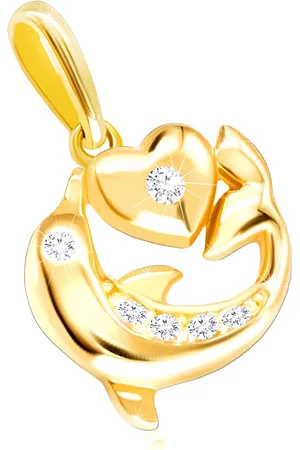 Šperky Eshop Diamantový přívěsek ze žlutého 375 zlata - skákající delfín, malé srdce, čiré brilianty