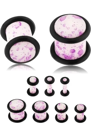 Šperky Eshop Plug do ucha, akryl, bílý povrch s fialovými skvrnami, černé gumičky - Tloušťka : 4 mm