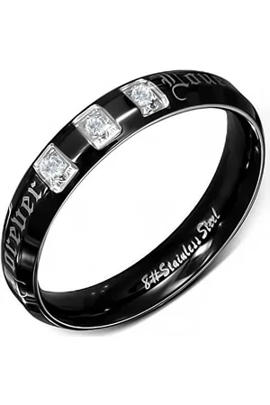 Šperky Eshop Prsten z chirurgické oceli, černý, lesklý, zirkony, Forever Love - Velikost: 49