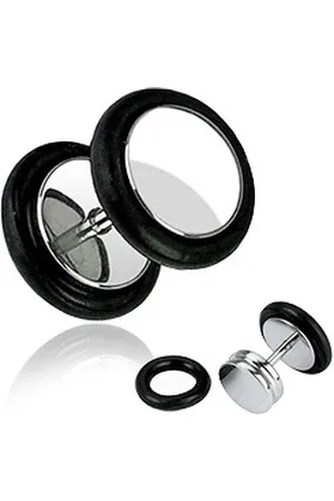 Šperky Eshop Fake plug z chirurgické oceli - lesklý kulatý tvar, černé gumičky, 8 mm - Tloušťka piercingu: 1,2 mm
