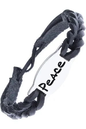 Šperky Eshop Pletený kožený náramek - černý, ocelová známka "PEACE"