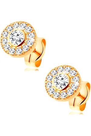 Šperky Eshop Náušnice ze žlutého 14K zlata - zářivý kruh z čirých zirkonů, puzetky