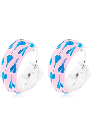 Šperky Eshop Náušnice ze stříbra 925, růžová glazura s modrými srdíčky, 15 mm