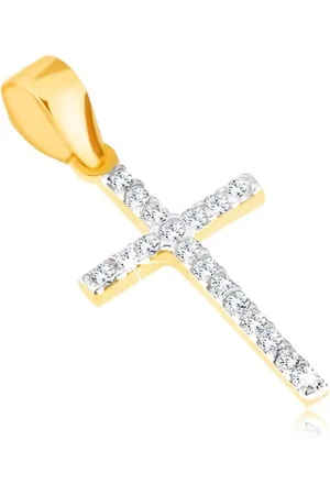 Šperky Eshop Přívěsek ve žlutém 14K zlatě - tenký třpytivý latinský kříž, čiré zirkony