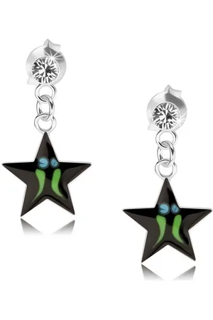 Šperky Eshop Stříbrné náušnice 925, černá hvězda - zelené proužky, čirý krystal Swarovski