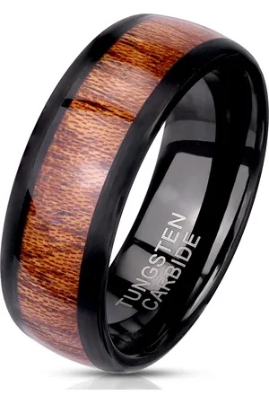 Šperky Eshop Wolframový prsten v černé barvě, dřevěný pásek uprostřed, 8 mm - Velikost: 59