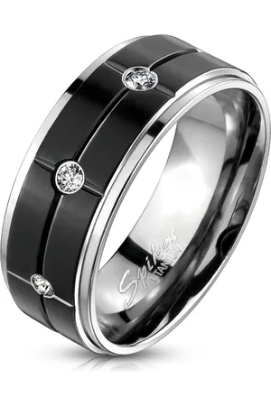Šperky Eshop Obruč z titanu - černý střed s vroubkováním, stříbrný okraj, zirkony, 8 mm - Velikost: 59