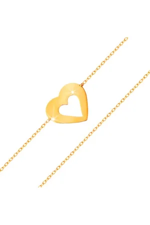 Šperky Eshop Náramek ve žlutém 14K zlatě - jemný řetízek, ploché srdce s výřezem uprostřed