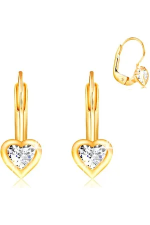 Šperky Eshop Náušnice ve žlutém 14K zlatě - čirý srdcovitý zirkon s lesklým lemem