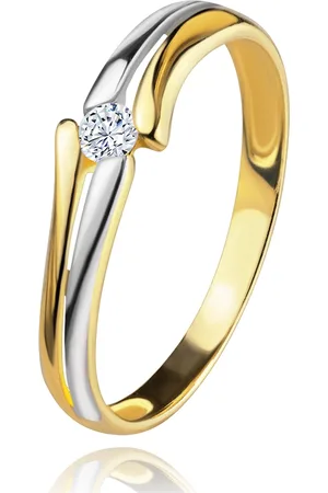 Šperky Eshop Diamantový zlatý prsten 585, zářivý čirý briliant, rozdělená dvoubarevná ramena - Velikost: 49