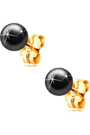 Šperky Eshop Náušnice ve žlutém 14K zlatě - tmavě šedá hematitová kulička, 6 mm