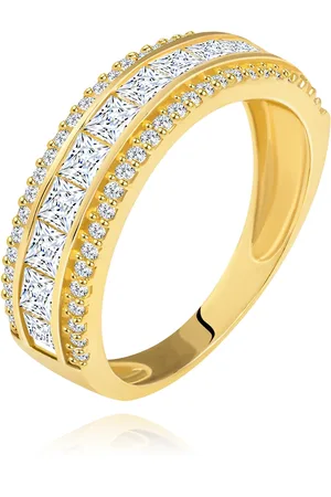 Šperky Eshop Prsten ze žlutého 14K zlata - linie čirých zirkonových čtverečků, třpytivý lem - Velikost: 49