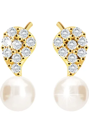 Šperky Eshop Diamantové náušnice ze 14K zlata - motiv listu, čiré brilianty, sladkovodní bílá perla