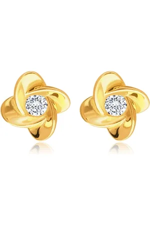 Šperky Eshop Diamantové náušnice ve žlutém 14K zlatě - kvítek s čirým briliantem, puzety