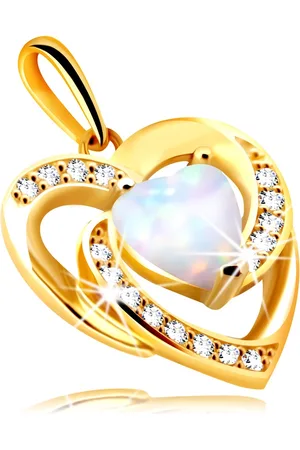 Šperky Eshop Diamantový přívěsek ze žlutého 14K zlata - srdce z bílého syntetického opálu, čiré brilianty