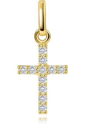 Šperky Eshop Přívěsek ve žlutém 14K zlatě - malý kříž zdobený čirými brilianty