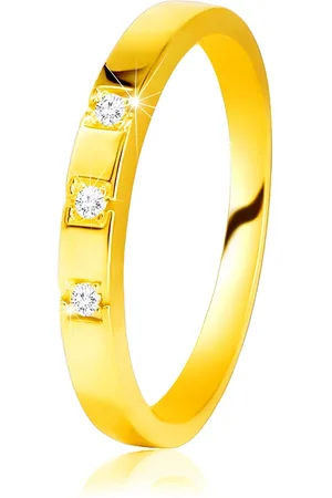 Šperky Eshop Diamantový prsten ze žlutého 585 zlata - lesklá ramena, tři blýskavé brilianty - Velikost: 56
