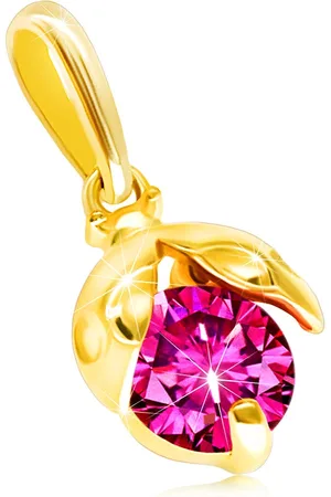 Šperky Eshop Přívěsek ze žlutého zlata 585 - kulatý růžovočervený zirkon pod dvěma listy