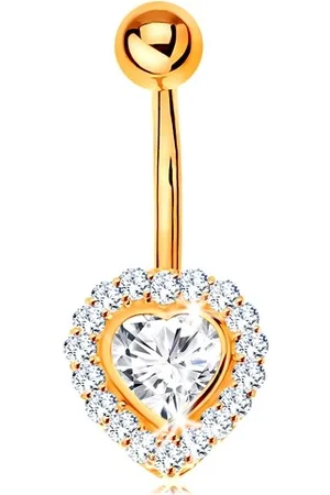 Šperky Eshop Piercing do bříška ve žlutém 14K zlatě - čiré zirkonové srdce lemované zirkonky