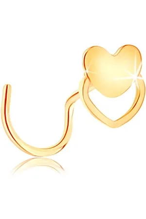 Šperky Eshop Zahnutý piercing do nosu ze žlutého 14K zlata - srdíčko a obrys srdce
