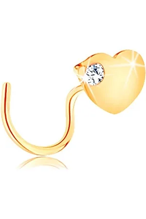 Šperky Eshop Zahnutý piercing do nosu ve žlutém 14K zlatě - ploché srdce se zirkonem