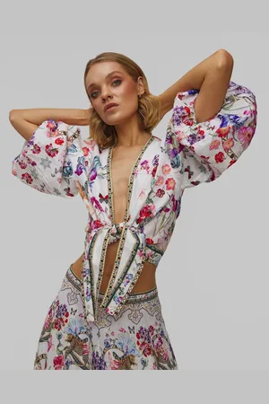 Camilla Dámská Lněná Halenka Tie Front Puff Sleeve